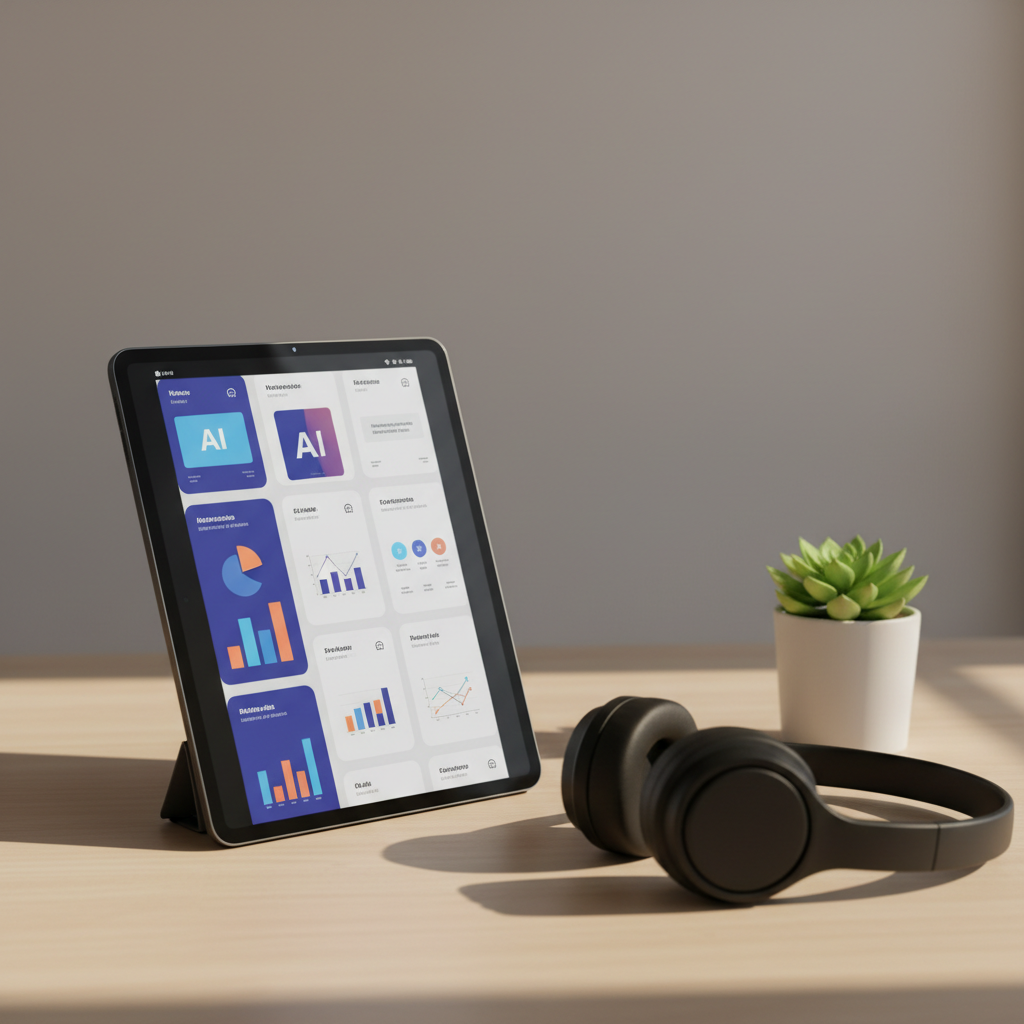 Un elegante dispositivo tipo tablet en acabado negro mate apoyado sobre una superficie de madera clara, mostrando un feed vertical de tarjetas de noticias sobre IA, representadas por iconos, gráficos y bloques de color sin palabras. Junto a la tablet hay unos auriculares plegados y una pequeña planta verde que aporta frescura. La escena está iluminada por luz natural de tarde, ligeramente lateral, que genera sombras definidas pero suaves. Fotografía en composición de regla de tercios, fondo neutro desenfocado, estética limpia y tecnológica, que transmite lectura rápida, orden y profesionalidad en noticias de inteligencia artificial en español.
